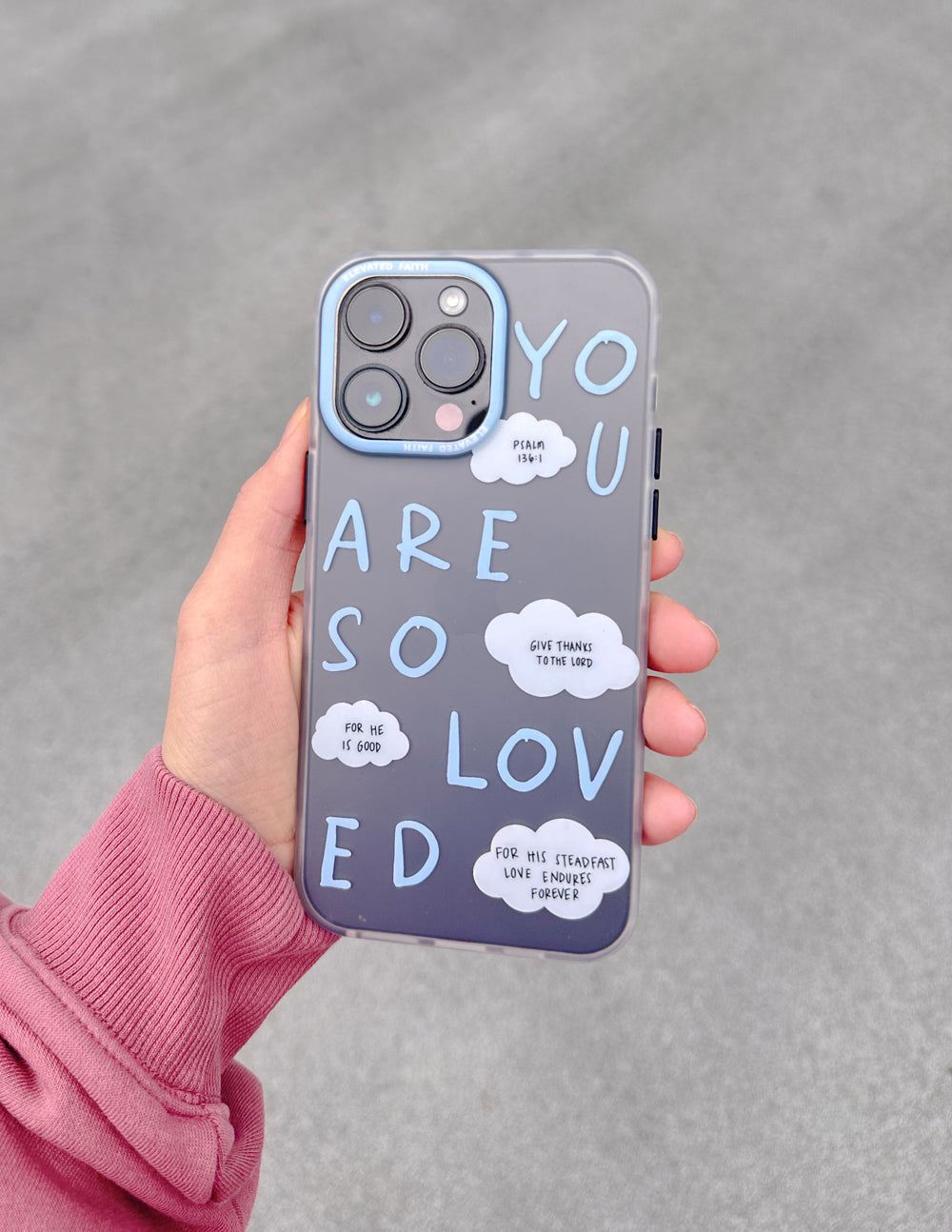 Blue You Are So Loved Frosted iPhone case with Bible verse and protective design
