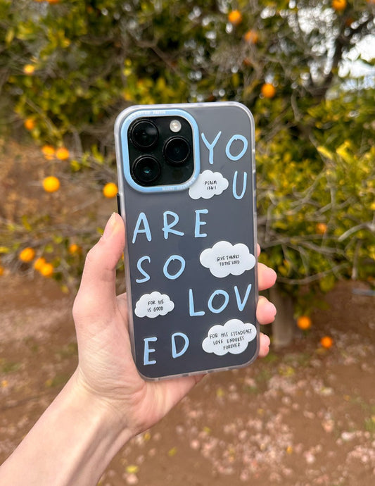 Blue You Are So Loved Frosted iPhone case with soft hand-feel and impact protection