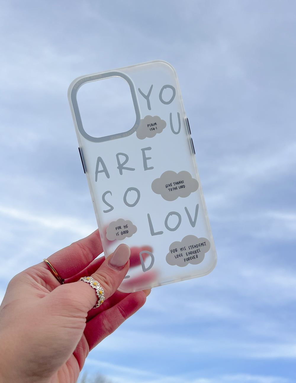 Blue You Are So Loved Frosted iPhone case with protective impact design and wireless charging compatibility