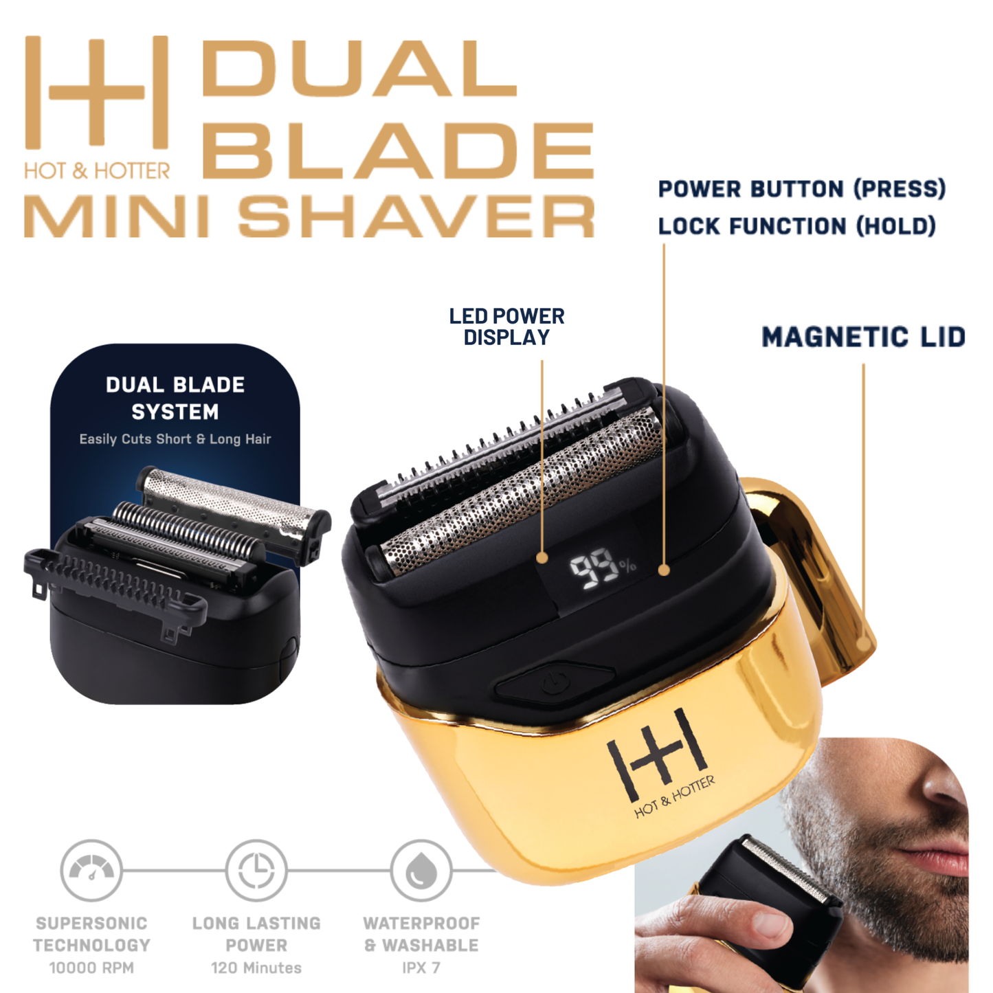 Gold Dual Blade Mini Electric Shaver with digital display and USB-C charging for men