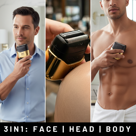 Gold Dual Blade Mini Electric Shaver with digital display, waterproof design, and USB-C charging