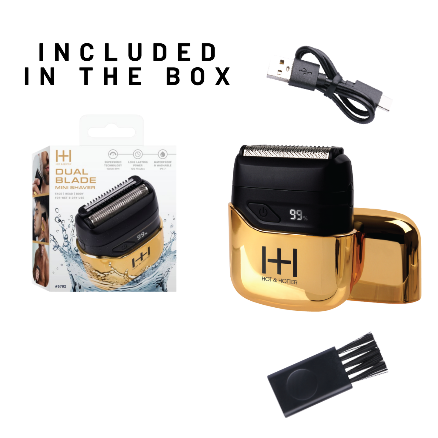 Gold dual blade mini electric shaver with digital display and USB-C charging