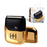 Gold Dual Blade Mini Electric Shaver with digital display, waterproof design, and USB-C charging cable.