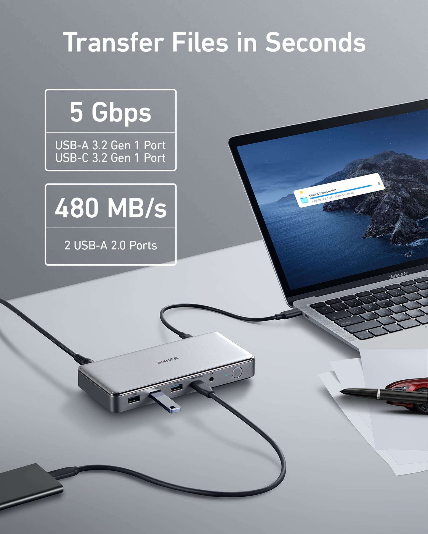 USB-C Docking Station 10-in-1 with dual HDMI, DisplayPort, USB-C and USB-A ports, Ethernet, AUX, and 100W power delivery