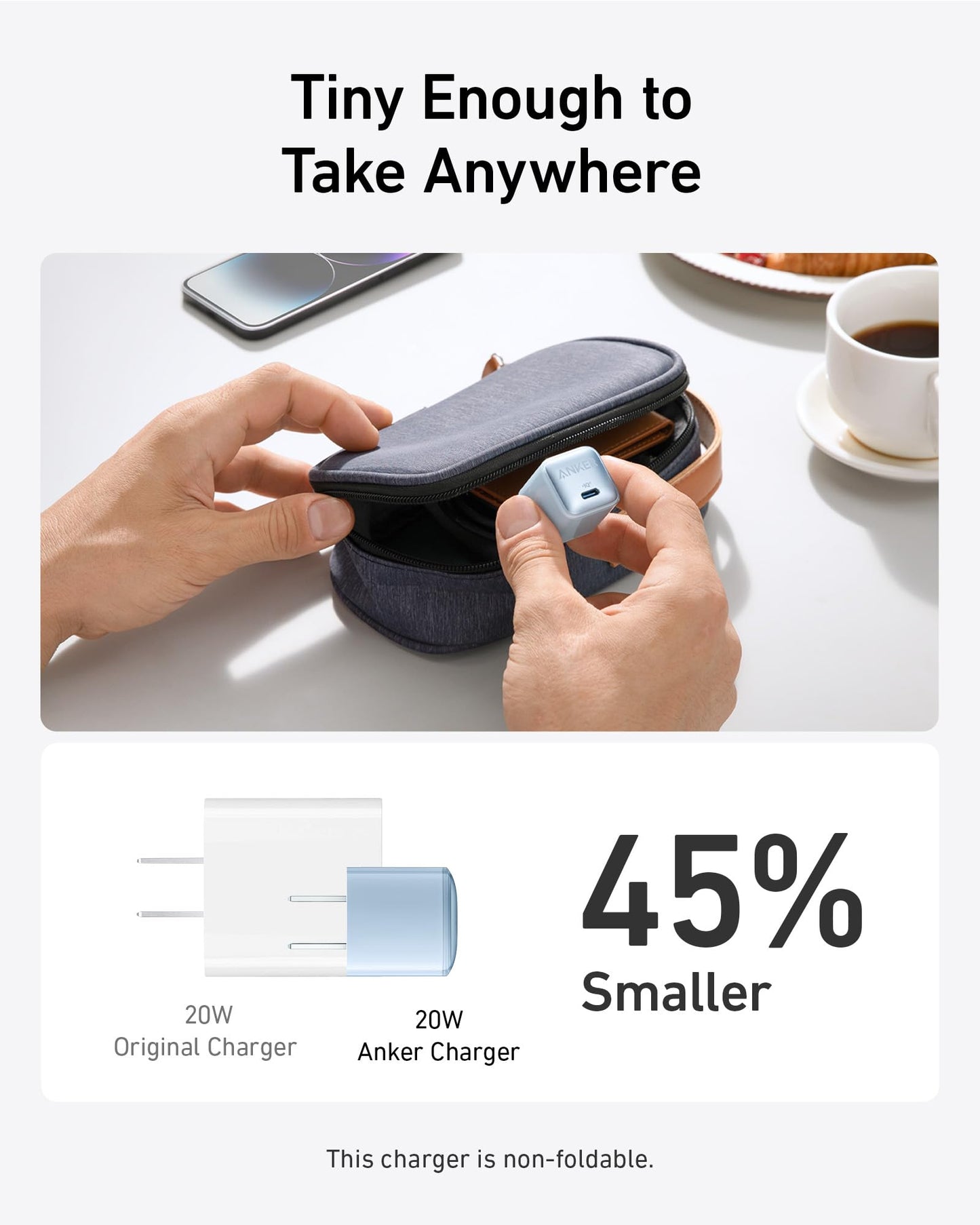 Compact 20W Anker Nano Charger with high-speed USB-C charging and advanced safety features