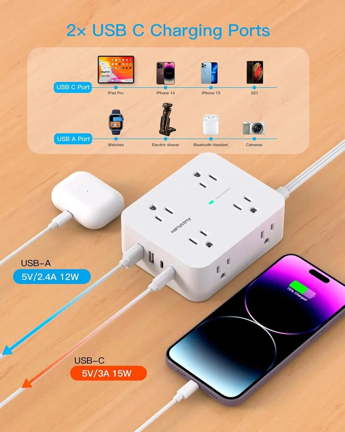 Protector power strip with 8 outlets and 4 USB ports in slim design