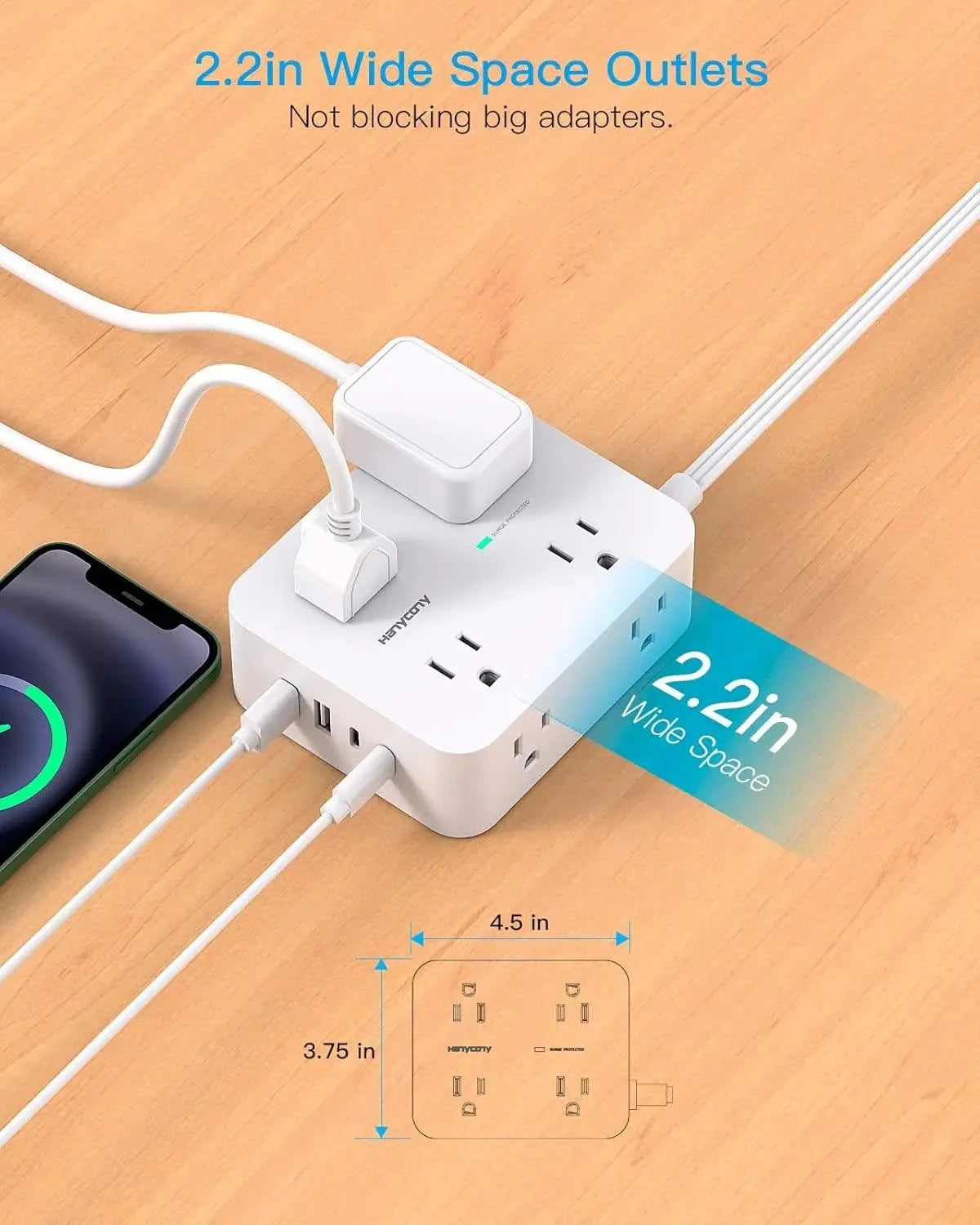Protector power strip with 8 outlets and 4 USB ports including USB-C, flat plug, and surge protection