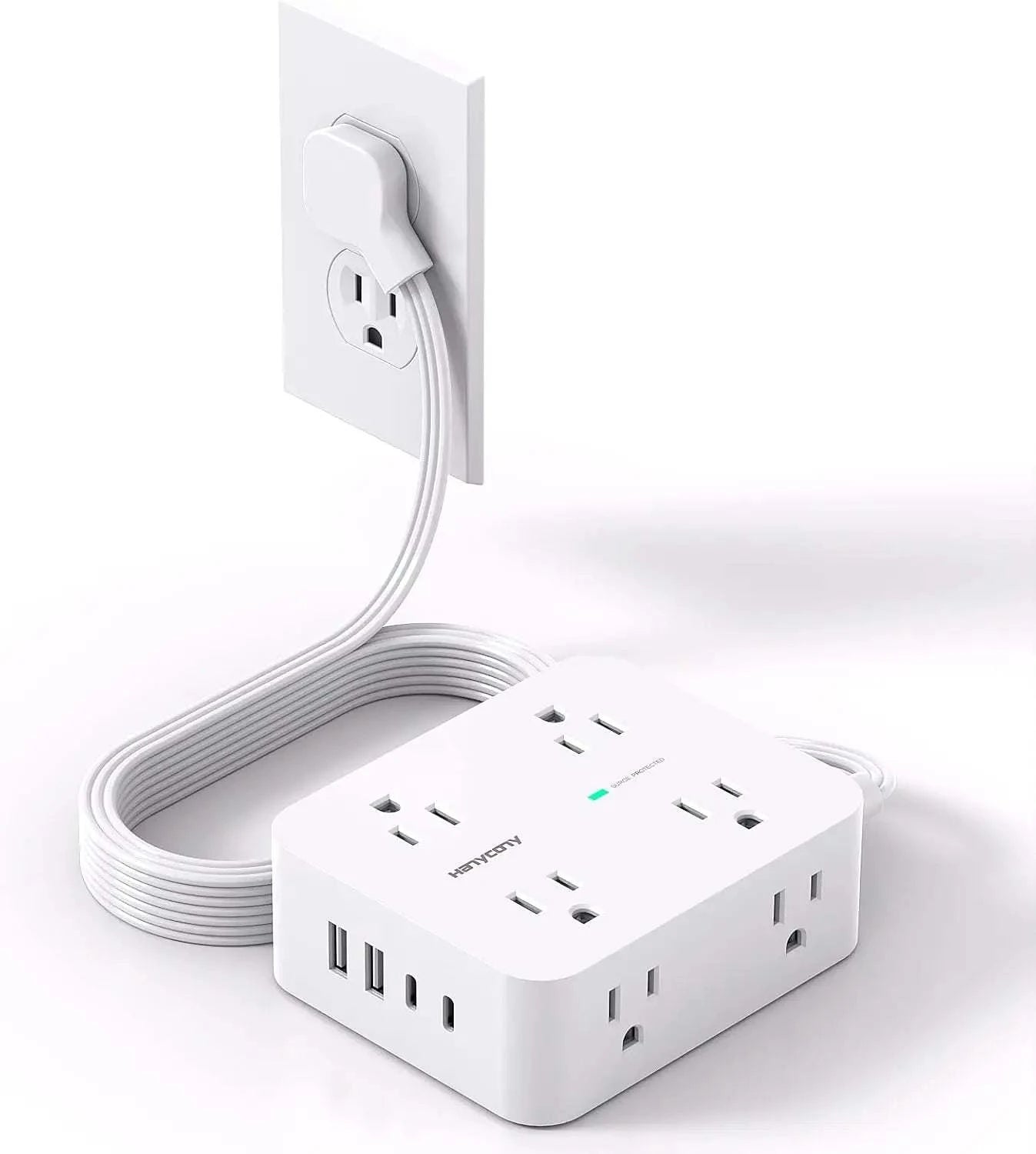 Protector power strip with 8 outlets and 4 USB ports including USB-C, surge protection, and slim flat plug design
