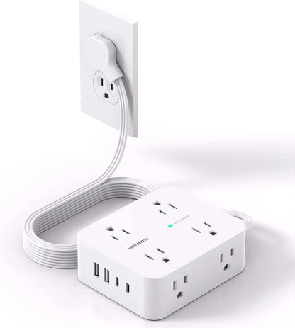 Protector power strip with 8 outlets and 4 USB ports including USB-C, surge protection, and slim flat plug design