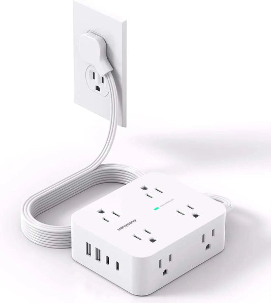 Protector power strip with 8 outlets and 4 USB ports including USB-C, surge protection, and slim flat plug design