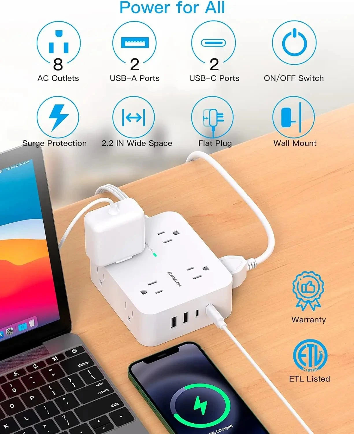 Protector power strip with 8 outlets, 4 USB ports, surge protection, and slim design