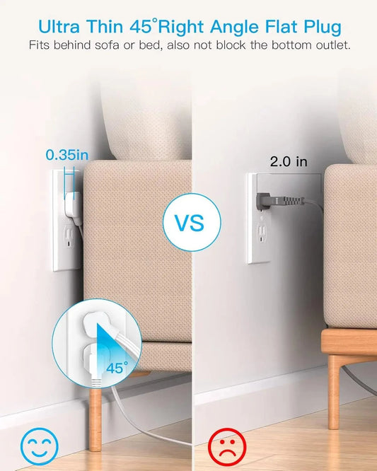 Protector power strip with 8 outlets and 4 USB ports, surge protection, and flat plug design
