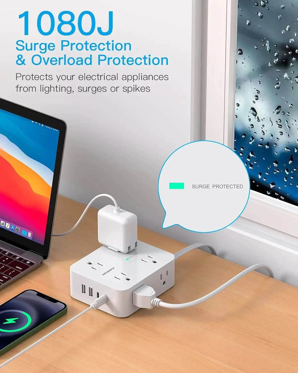 Protector power strip with 8 outlets and 4 USB ports, surge protection, and flat plug design