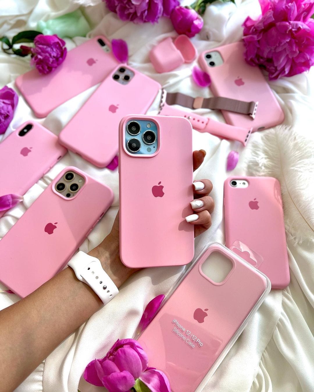 Candy pink iPhone silicone case with soft matte finish and full protective coverage