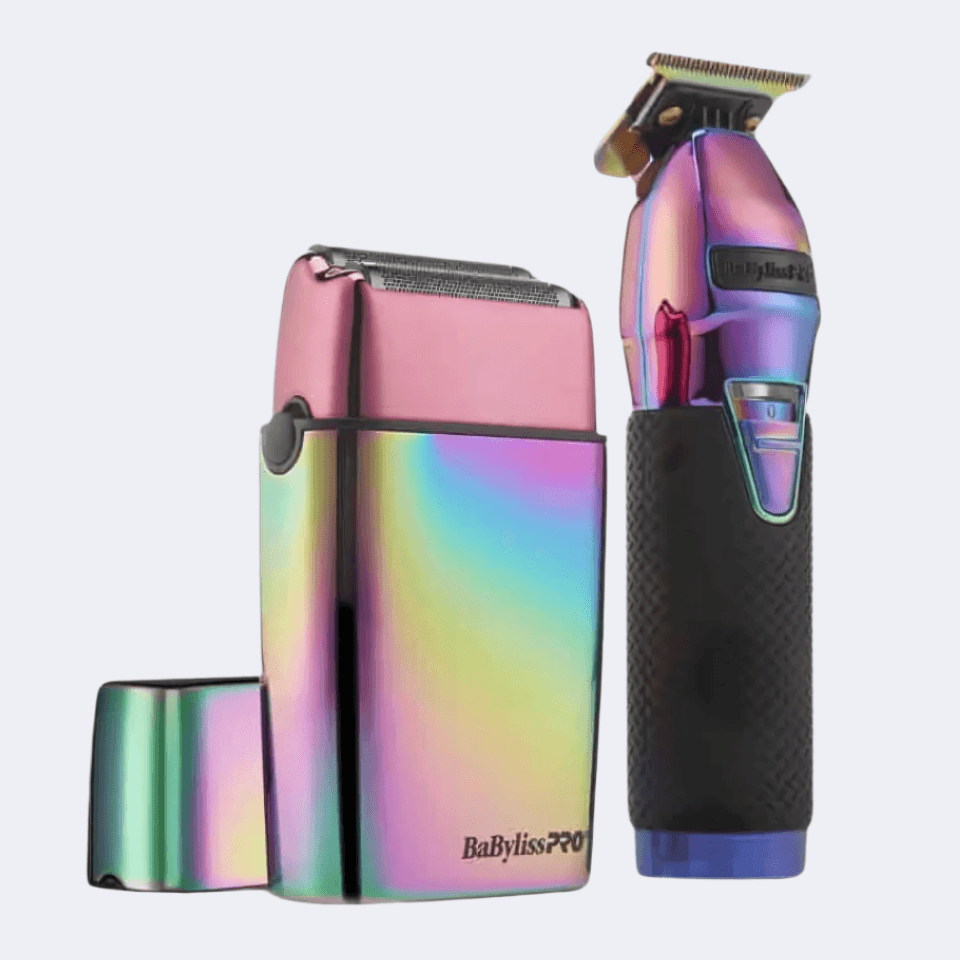 BabylissPro limited edition iridescent trimmer and double-foil shaver matte black grooming set