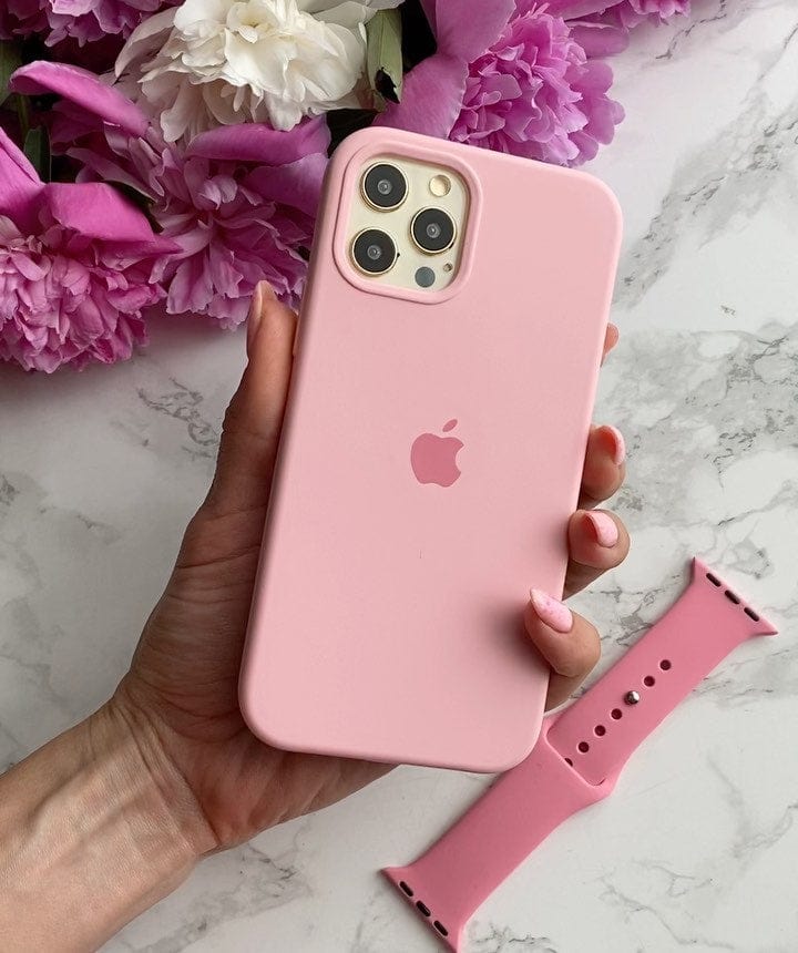 Candy pink iPhone silicone case with soft matte finish and full protective coverage
